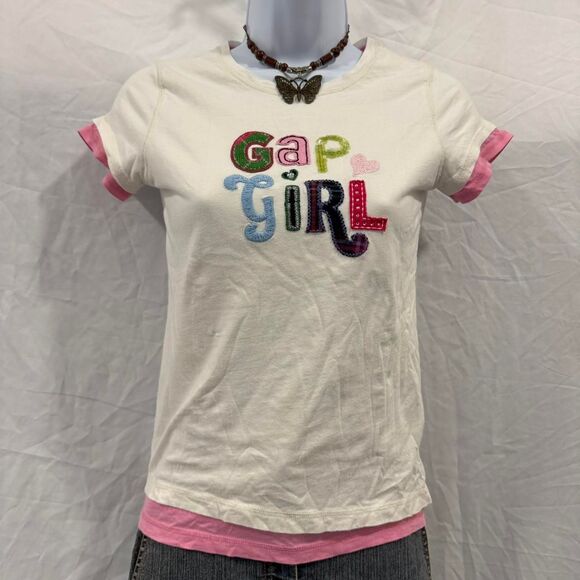 Y2K GAP Kids XL Graphic Tee Embroidered Pink Layered Baby Tee - Picture 2 of 8